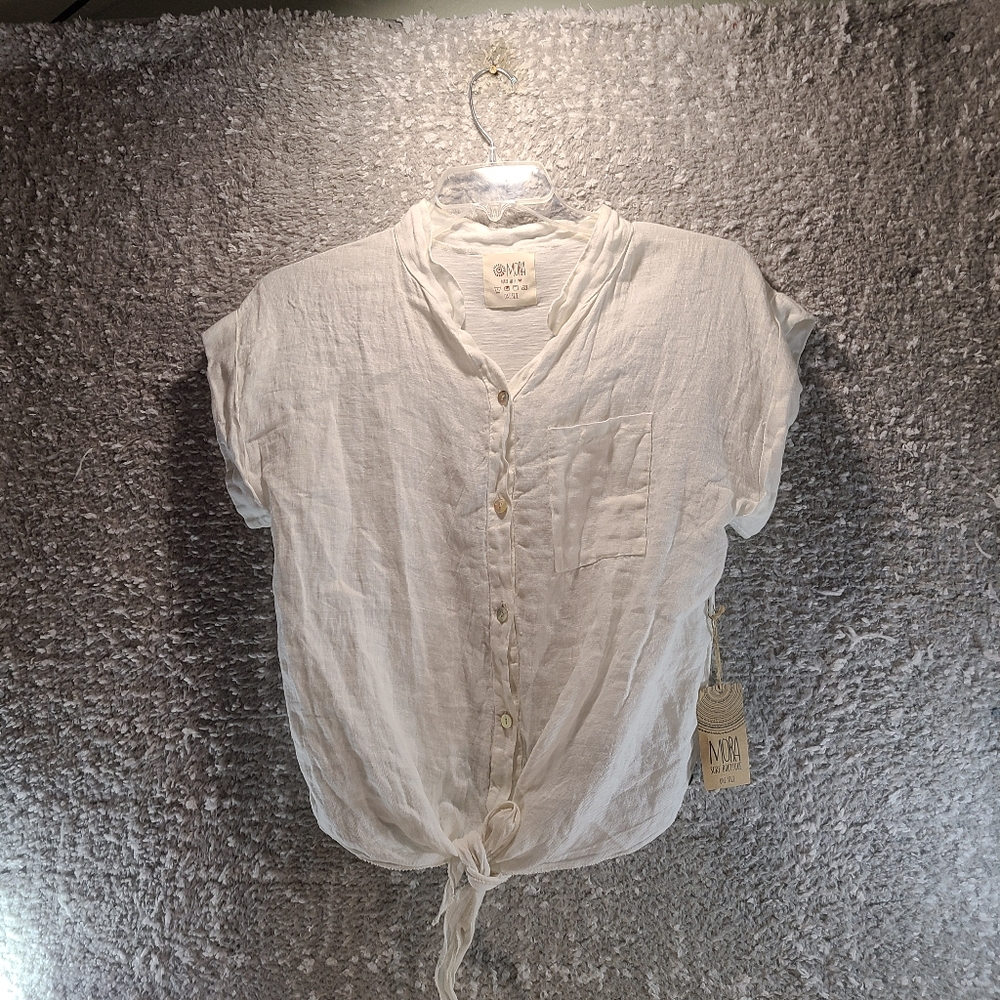 Mora Women Button Up Front Tie Linen Top One Size Pocket NWT